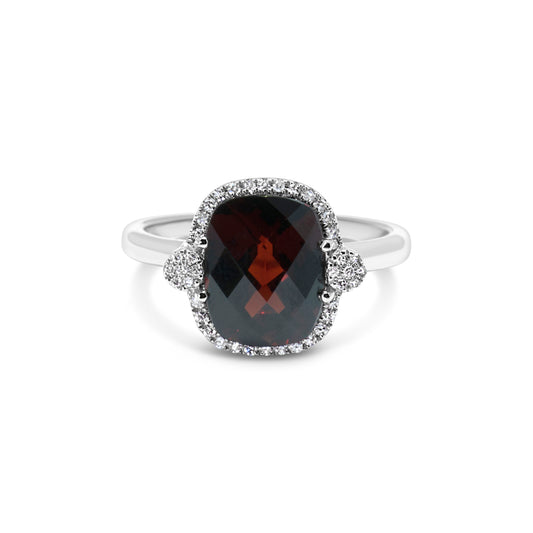 14K WHITE GOLD GARNET DIAMOND RING